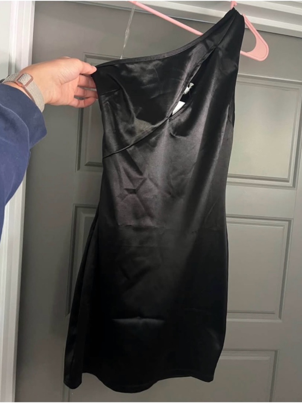 Black One-Shoulder Satin Mini Dress